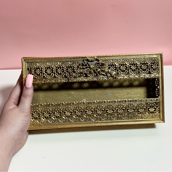 Vintage victorian ornate gold bow ribbon tissue box holder - Picture 4 of 7